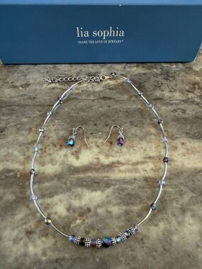 Lia Sophia Necklace Silver W/ Beads & Purple Crystal Stones & matching earrings